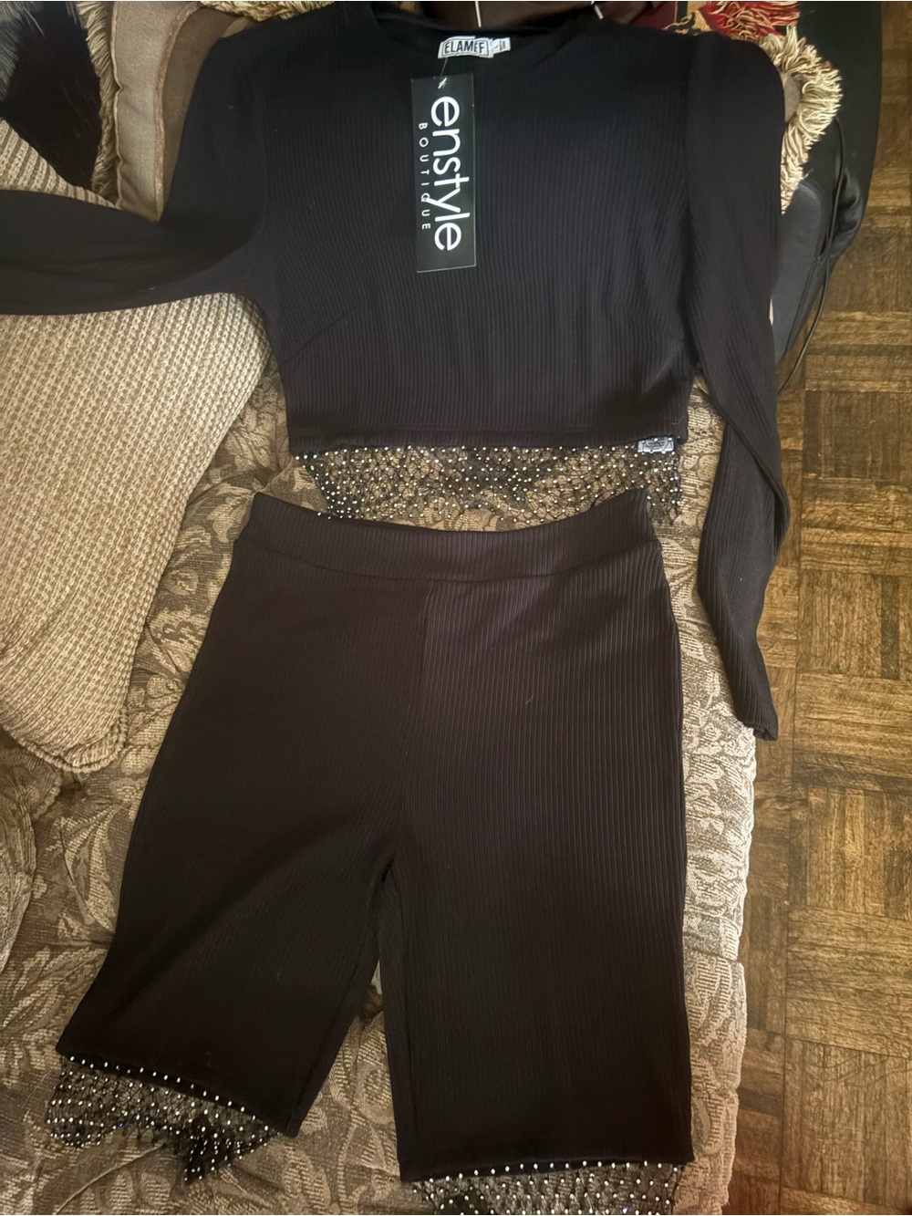 Black Ribbed Two-Piece Crop Top & Biker Shorts Set with Beaded Trim